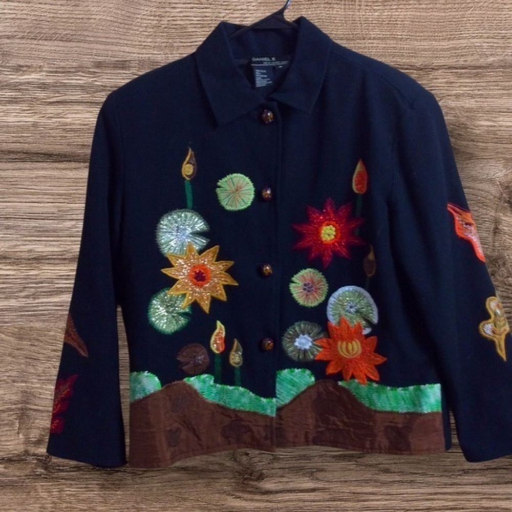 Daniel K embroidered patch work black jacket. Medium